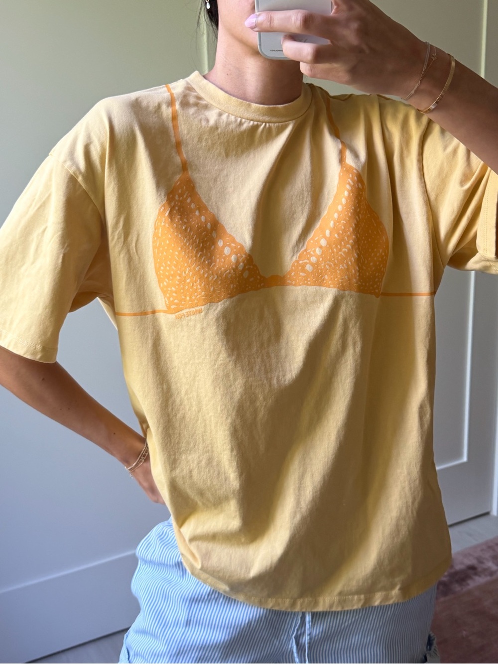 White Fox Boutique Yellow Graphic Tee with Orange Bralette Print